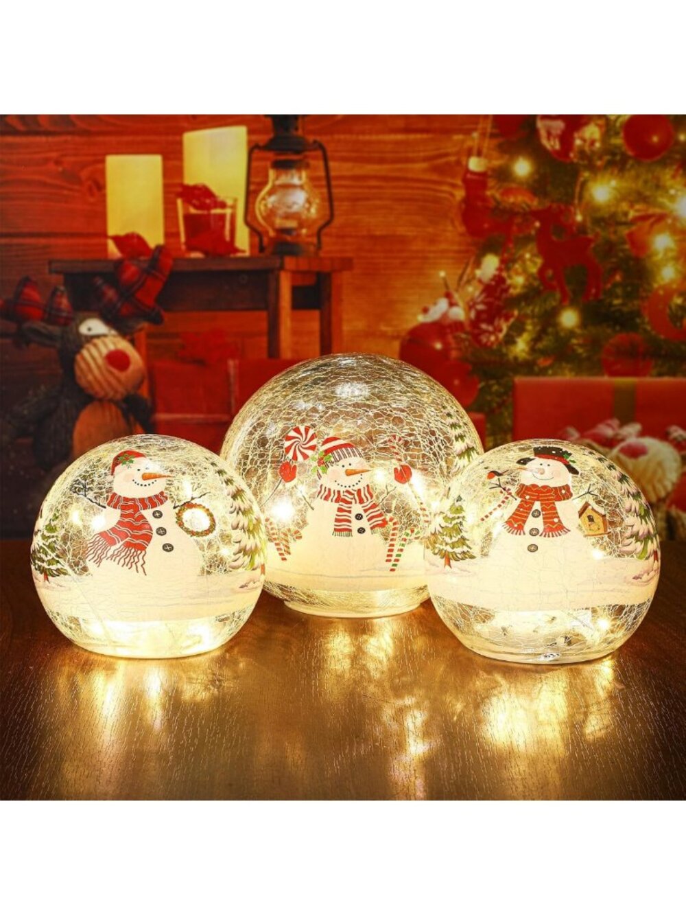 3 Pcs Snowman Globe LED Tabletop Christmas Decor - Crackle Glass Ball Lamps